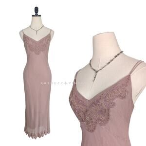 Silk Dress Midi Gown 10 Pink Fairy Grunge Y2K Embroidered Bead Slip Guest